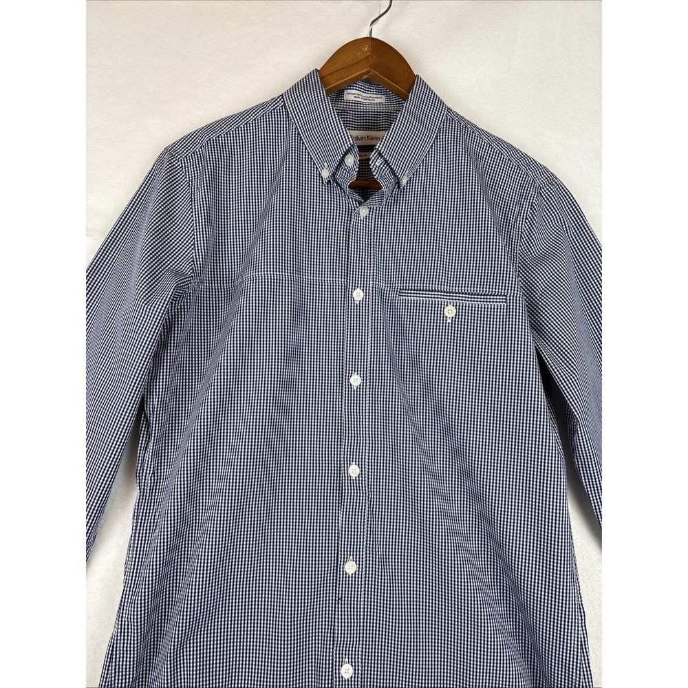 Calvin Klein Slim Fit Mens Small Button Down Long Sleeve Navy White Check Shirt